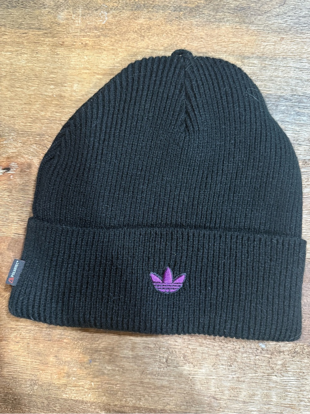 adidas Black Knit Beanie with Purple Trefoil